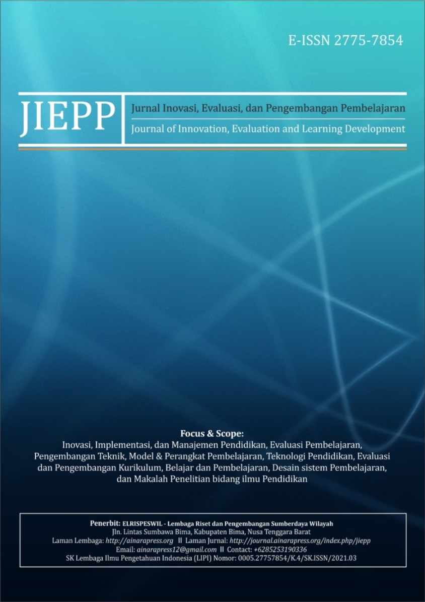 					View Vol. 5 No. 1 (2025): Jurnal Inovasi, Evaluasi dan Pengembangan Pembelajaran (JIEPP)
				